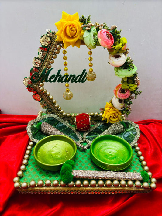 Handcrafted Floral Mehandi Platter with Bowls – Green & Golden