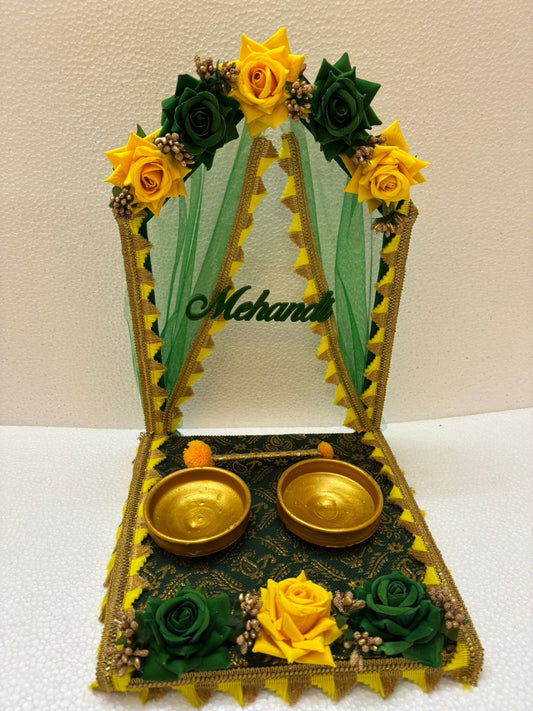 Handcrafted Floral Mehandi Platter with Arch – Green & Yellow