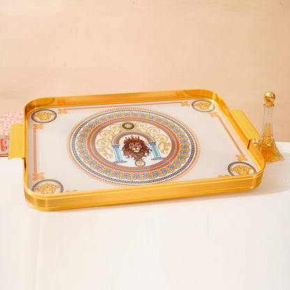 Royal Majesty Lion Glass Tray – Gold Luxury Serving Tray