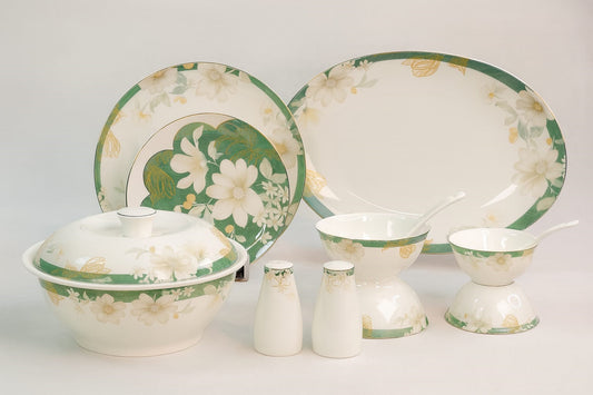 Opal Crest 37-Piece Vegan Porcelain Dinner Set – 6-Person Tableware Collection (Green)