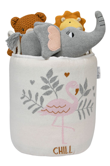 Knitted Storage Basket With Flamingo pattern (Ivory)