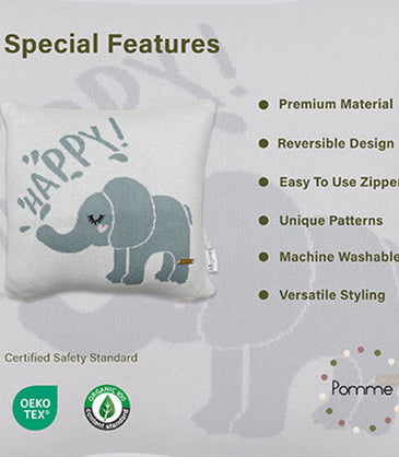 Happy Elephant Knitted Cushion Cover – Soft & Adorable Kids Room Décor