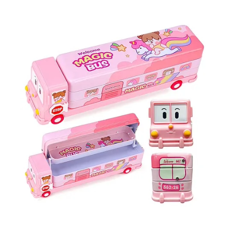 Bus Shaped Metal Pencil Box - Pink