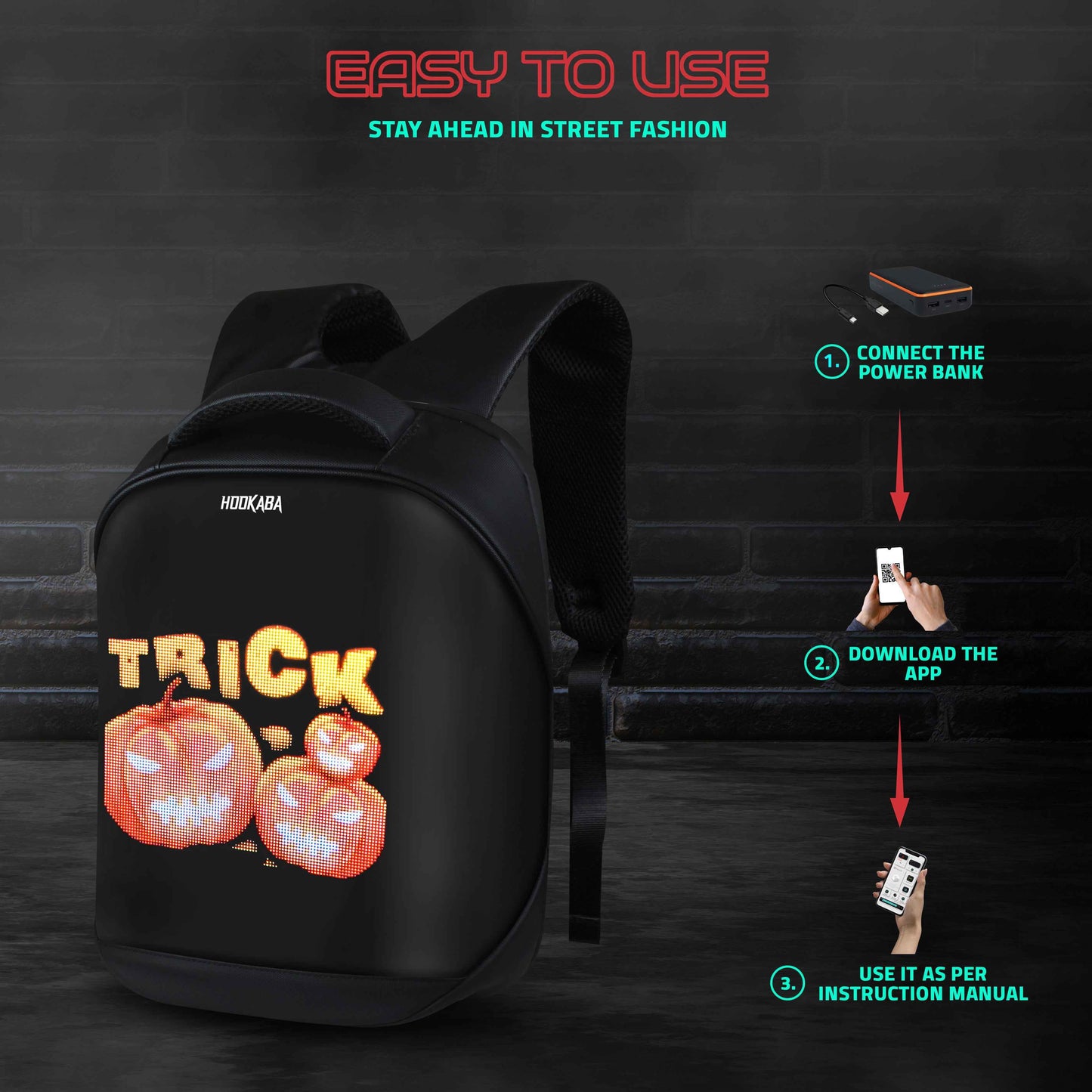 Hookaba Tech Trend LED Backpack (Black) | 20 L Smart Display Bag (With Power Bank)