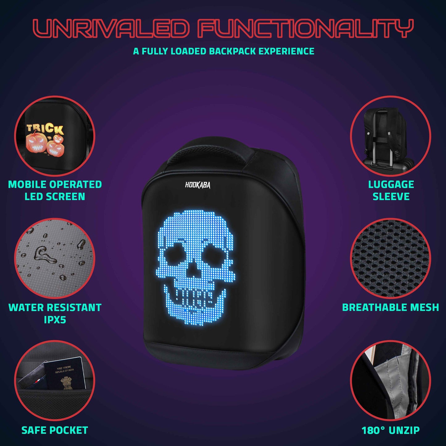 Hookaba Tech Trend LED Backpack (Black) | 20 L Smart Display Bag (With Power Bank)