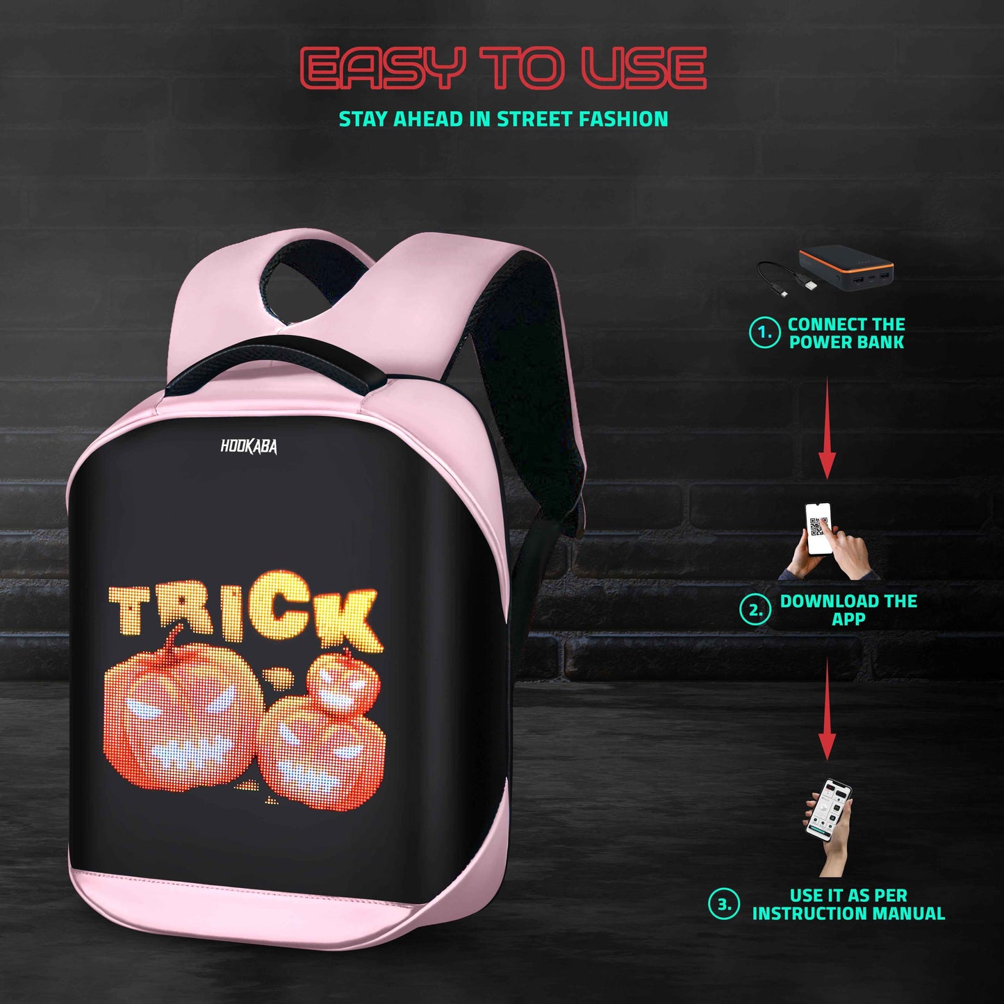 Hookaba Tech Trend LED Backpack (Pink) | 20 L Smart Display Bag (With Power Bank)