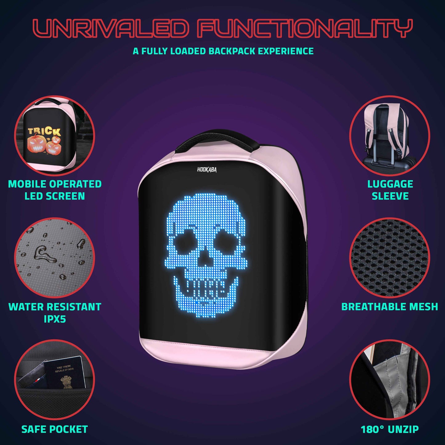 Hookaba Tech Trend LED Backpack (Pink) | 20 L Smart Display Bag (With Power Bank)