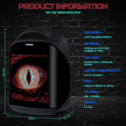 Hookaba Tech Trend LED Backpack (Black) | 20 L Smart Display Bag (With Power Bank)