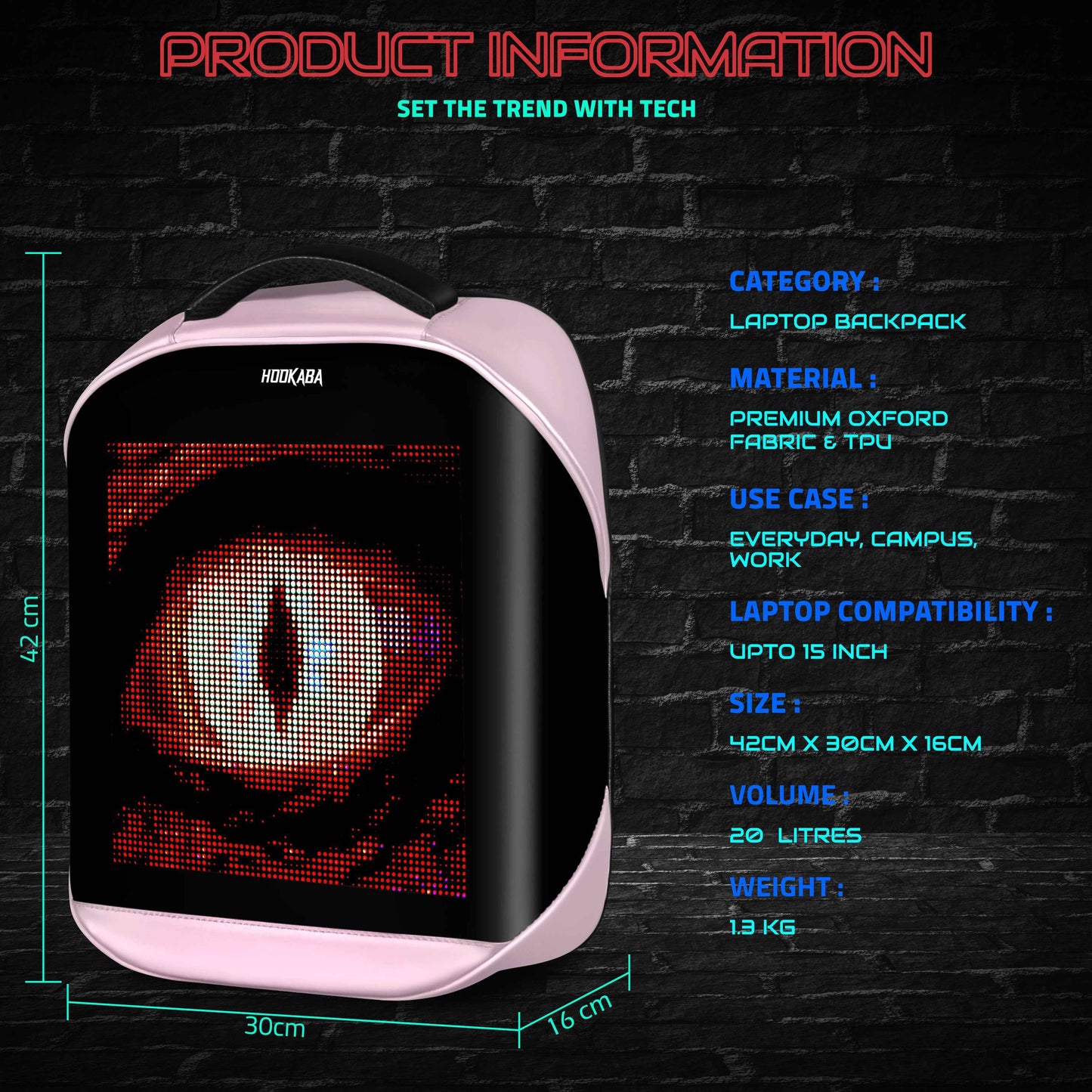 Hookaba Tech Trend LED Backpack (Pink) | 20 L Smart Display Bag (With Power Bank)