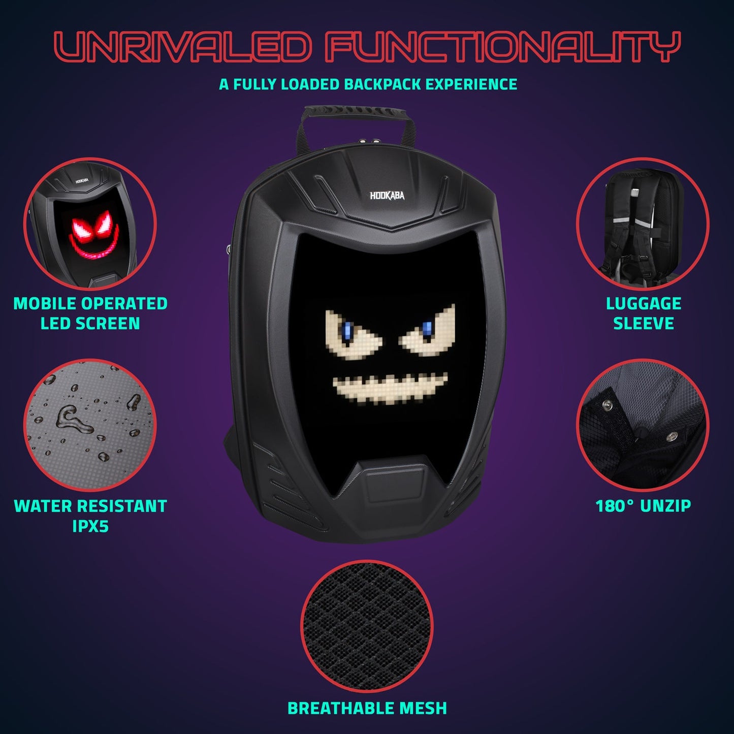 Hookaba Rebel Rage LED Backpack – 27.2 L Smart Display Bag (With Power Bank)