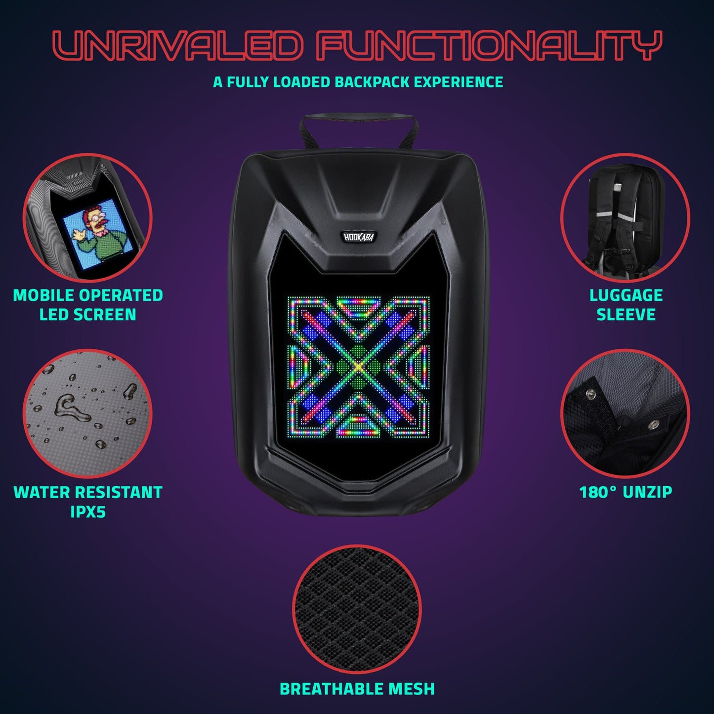Hookaba Bat Grit LED Backpack | 27 L Smart App-Controlled Backpack with 64×64 Pixel Display (With Power Bank)