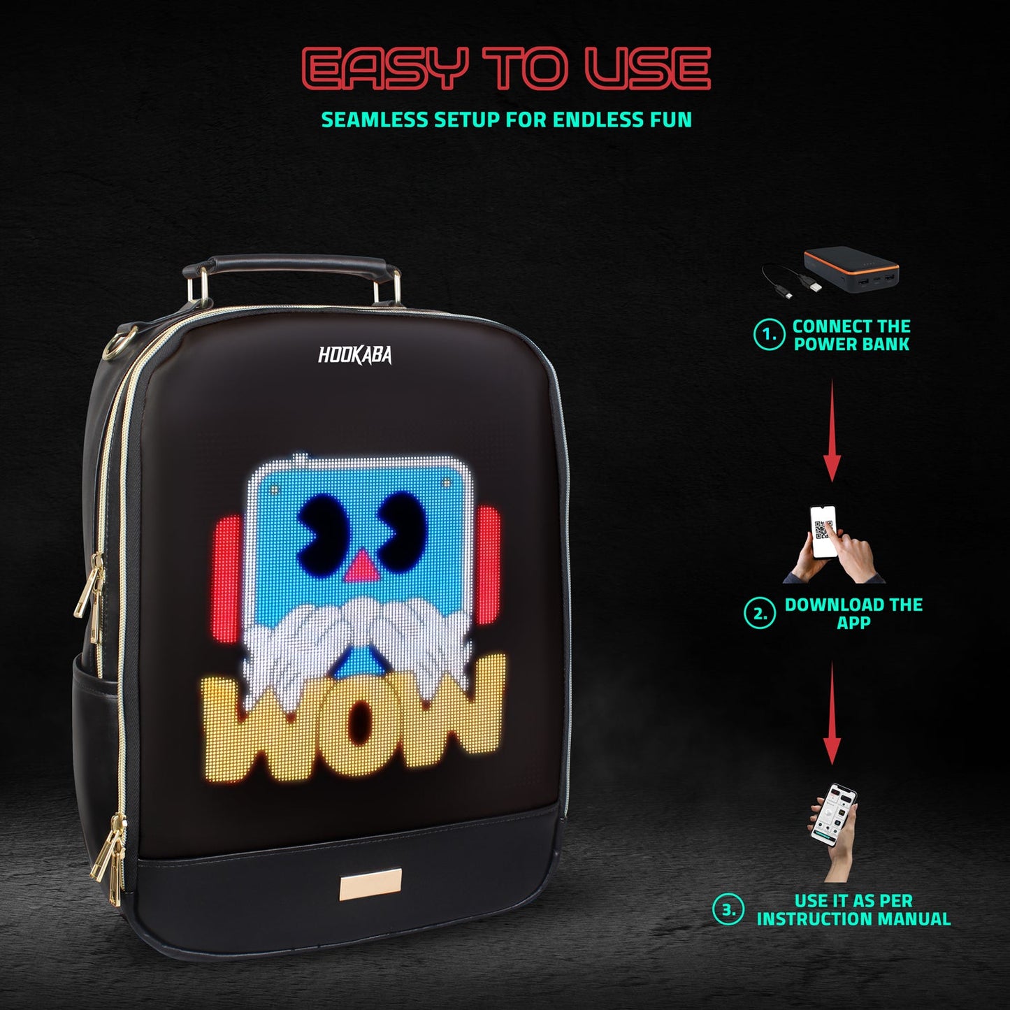 Hookaba Bold Elite LED Backpack | 21 L Smart App-Controlled Tech Bag (With Power Bank)