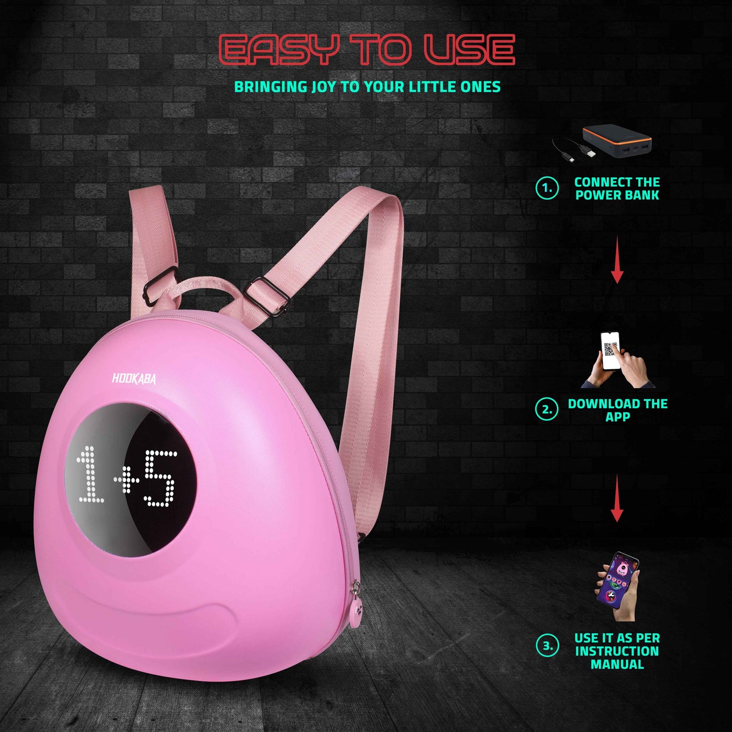 Hookaba GlowBuddy LED Kids Backpack (Pink) | Kids Smart Bag with App-Controlled Light-Up Display (With Power Bank)