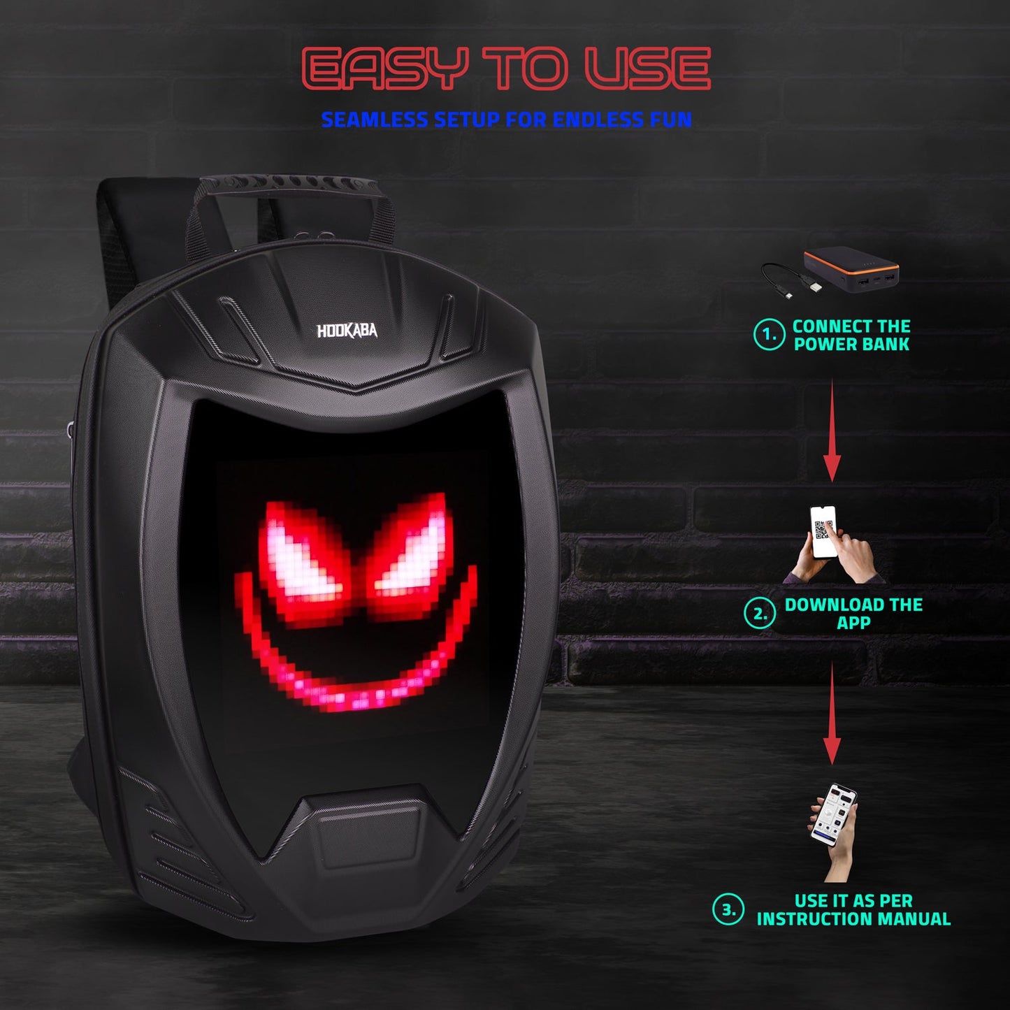 Hookaba Rebel Rage LED Backpack – 27.2 L Smart Display Bag (With Power Bank)