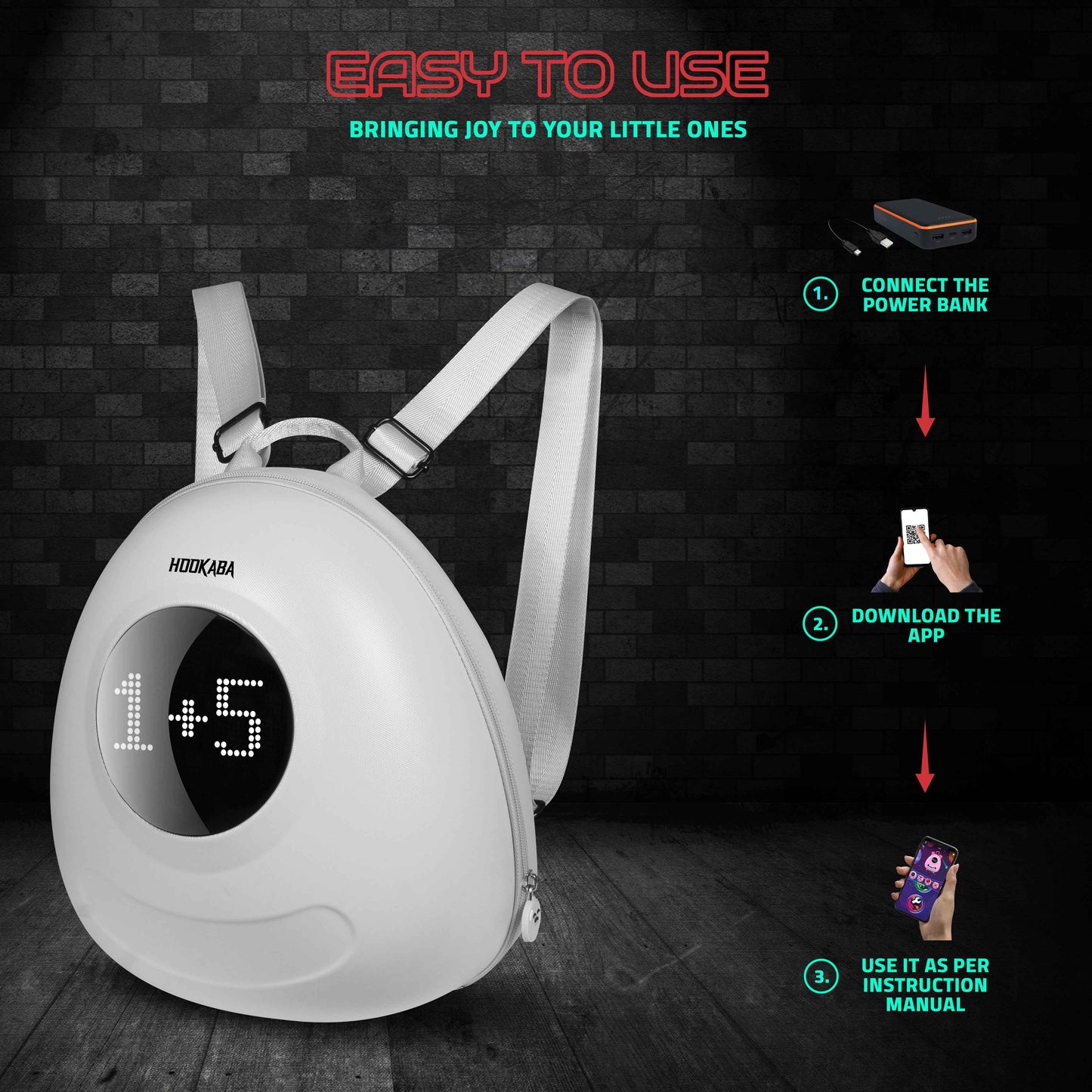 Hookaba GlowBuddy LED Kids Backpack (White) | Kids Smart Bag with App-Controlled Light-Up Display (With Power Bank)