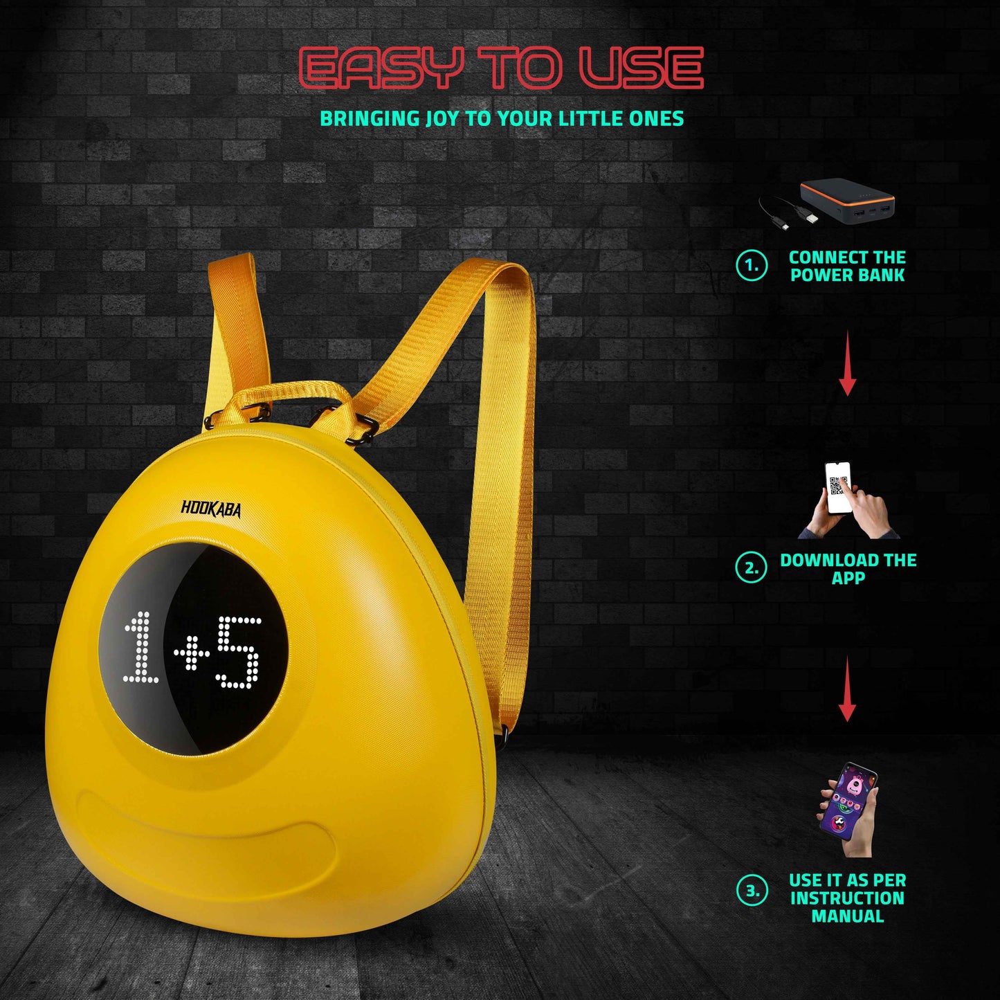 Hookaba GlowBuddy LED Kids Backpack (Yellow) | Kids Smart Bag with App-Controlled Light-Up Display (With Power Bank)