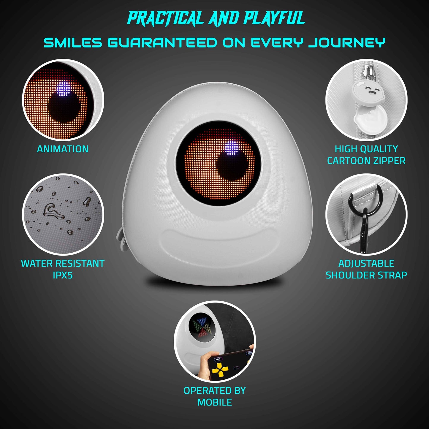 Hookaba GlowBuddy LED Kids Backpack (White) | Kids Smart Bag with App-Controlled Light-Up Display (With Power Bank)