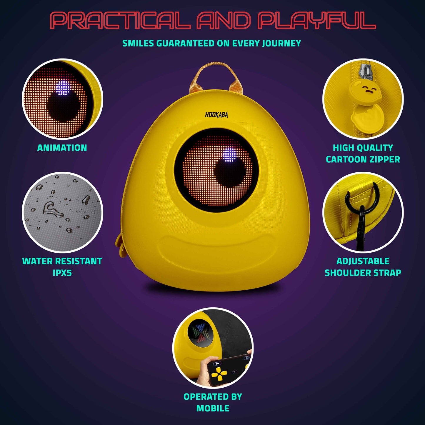 Hookaba GlowBuddy LED Kids Backpack (Yellow) | Kids Smart Bag with App-Controlled Light-Up Display (With Power Bank)