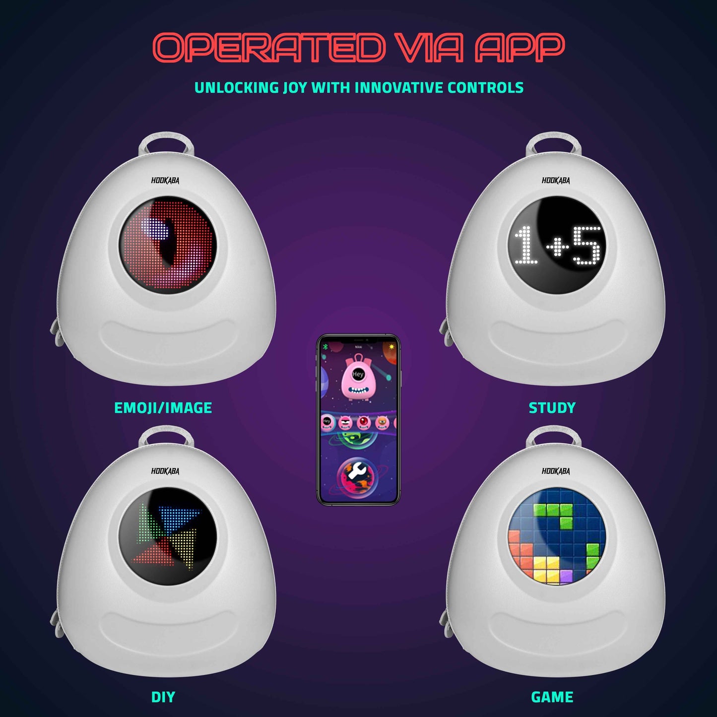 Hookaba GlowBuddy LED Kids Backpack (White) | Kids Smart Bag with App-Controlled Light-Up Display (With Power Bank)