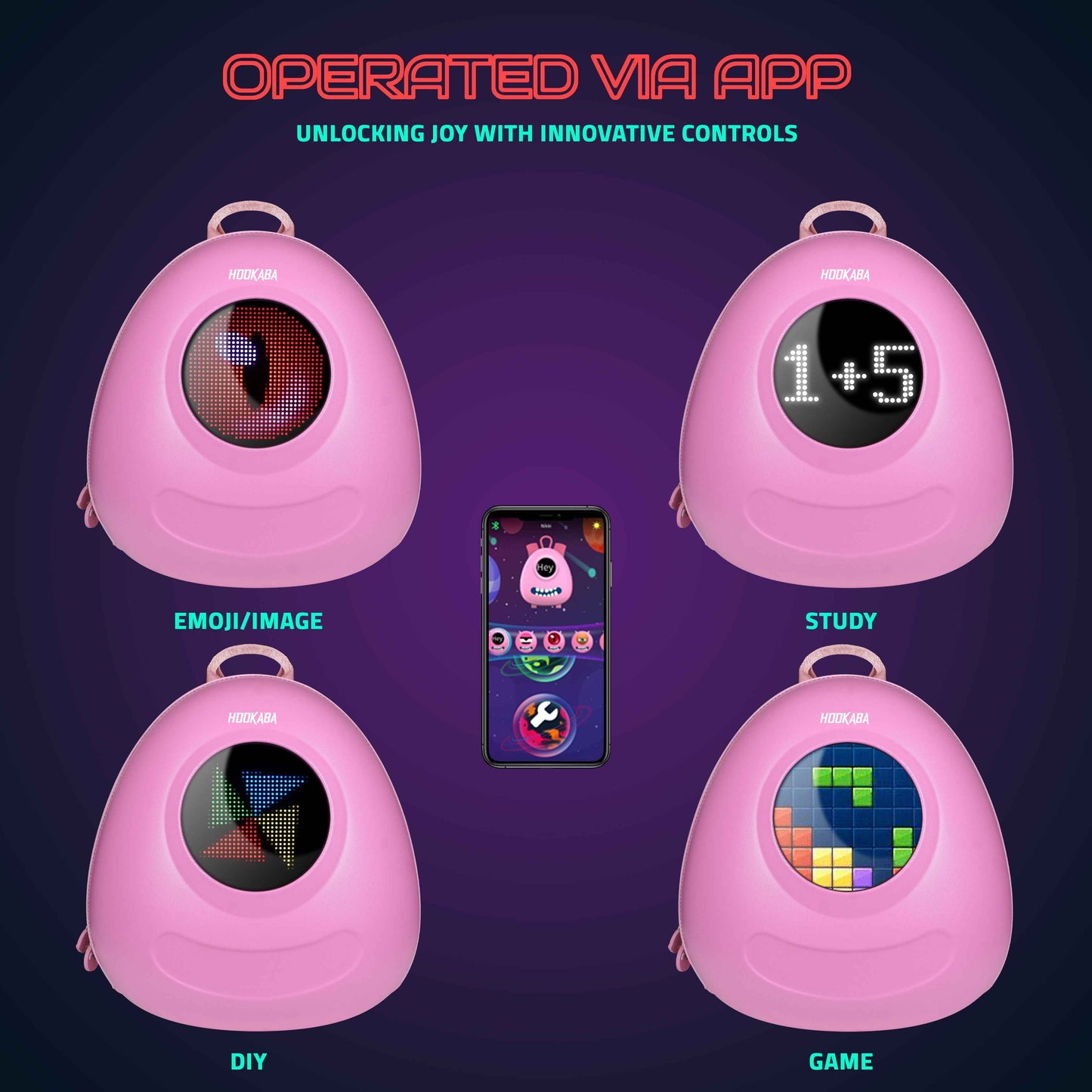 Hookaba GlowBuddy LED Kids Backpack (Pink) | Kids Smart Bag with App-Controlled Light-Up Display (With Power Bank)