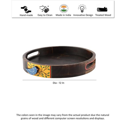 Hand Painted Blue Bird Wooden Round Serving Tray