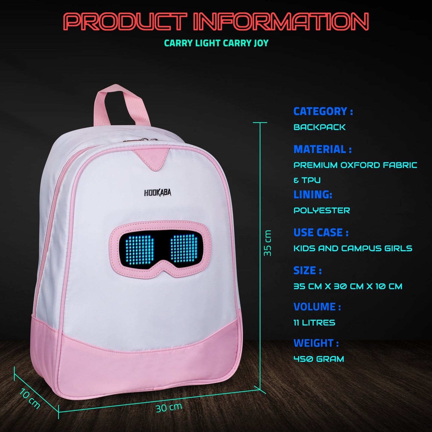 Hookaba Zyppie LED Backpack (Pink) | App-Controlled Light Up Bag (With Power Bank)