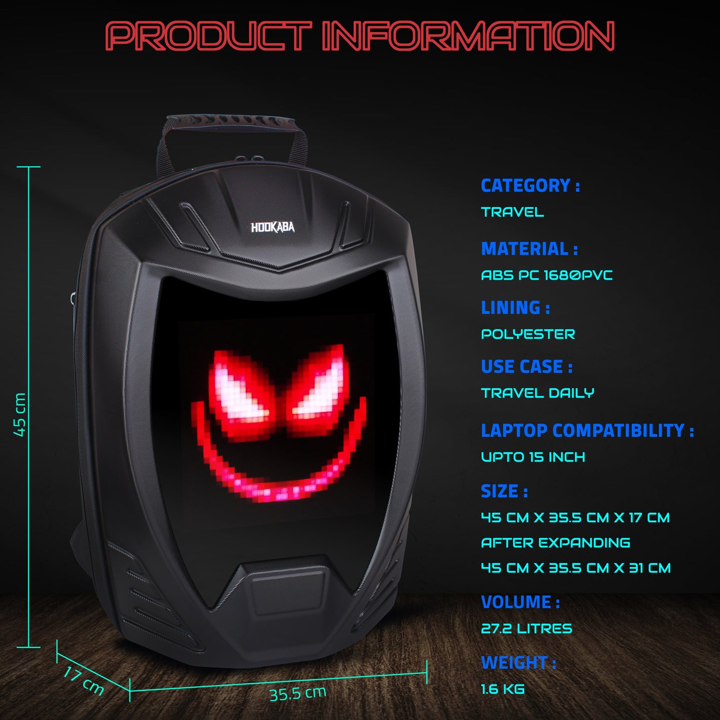Hookaba Rebel Rage LED Backpack – 27.2 L Smart Display Bag (With Power Bank)