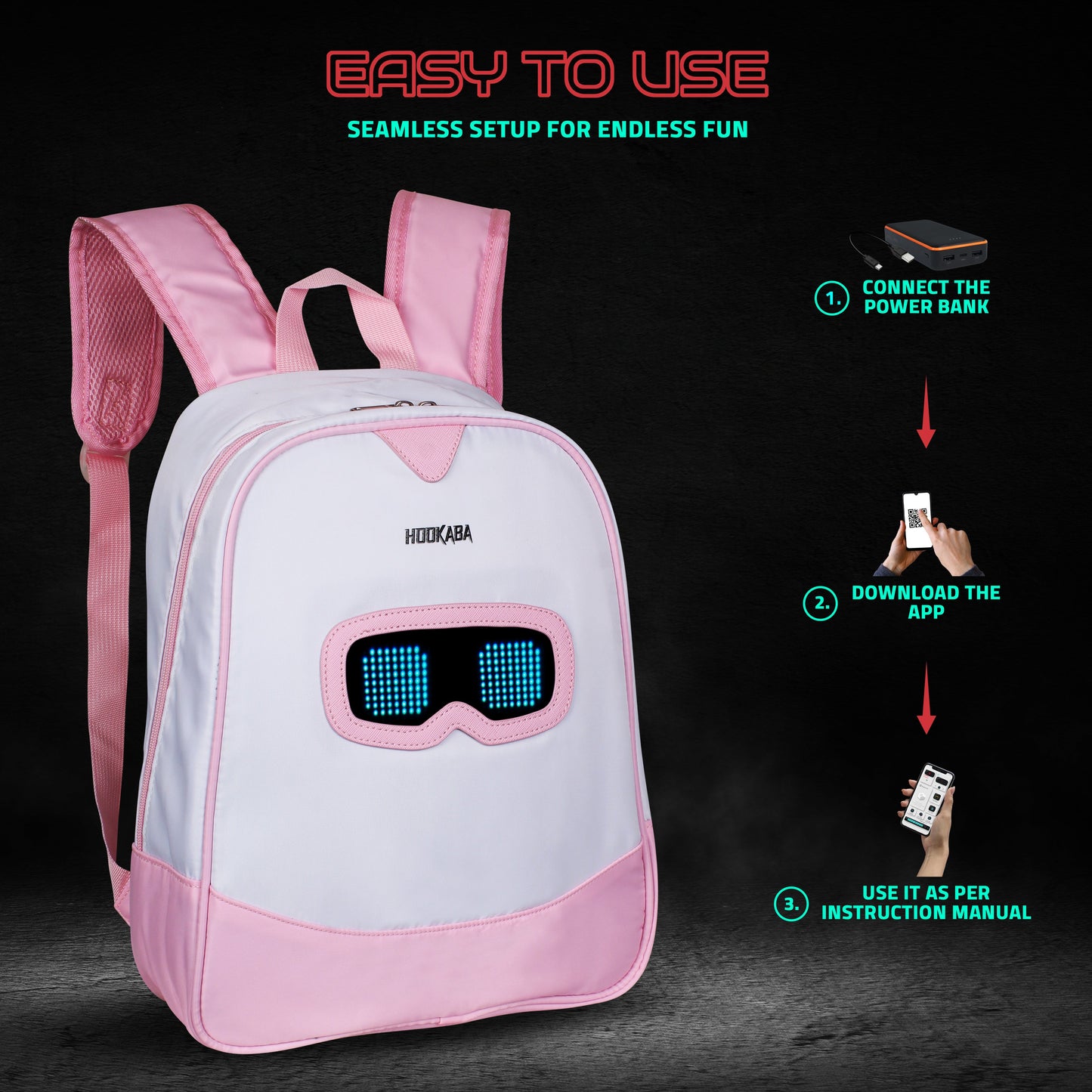 Hookaba Zyppie LED Backpack (Pink) | App-Controlled Light Up Bag (With Power Bank)