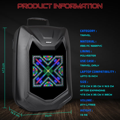 Hookaba Bat Grit LED Backpack | 27 L Smart App-Controlled Backpack with 64×64 Pixel Display (With Power Bank)
