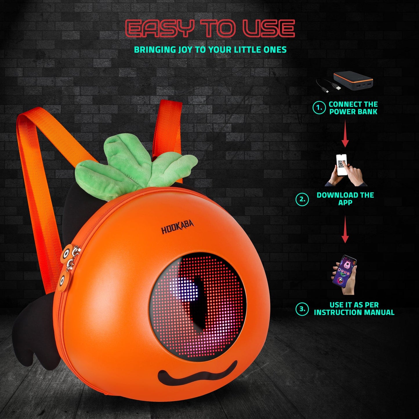 Hookaba GlowBuddy “Boo” LED Kids Backpack | Cute App-Controlled Light-Up Display Bag (With Power Bank)