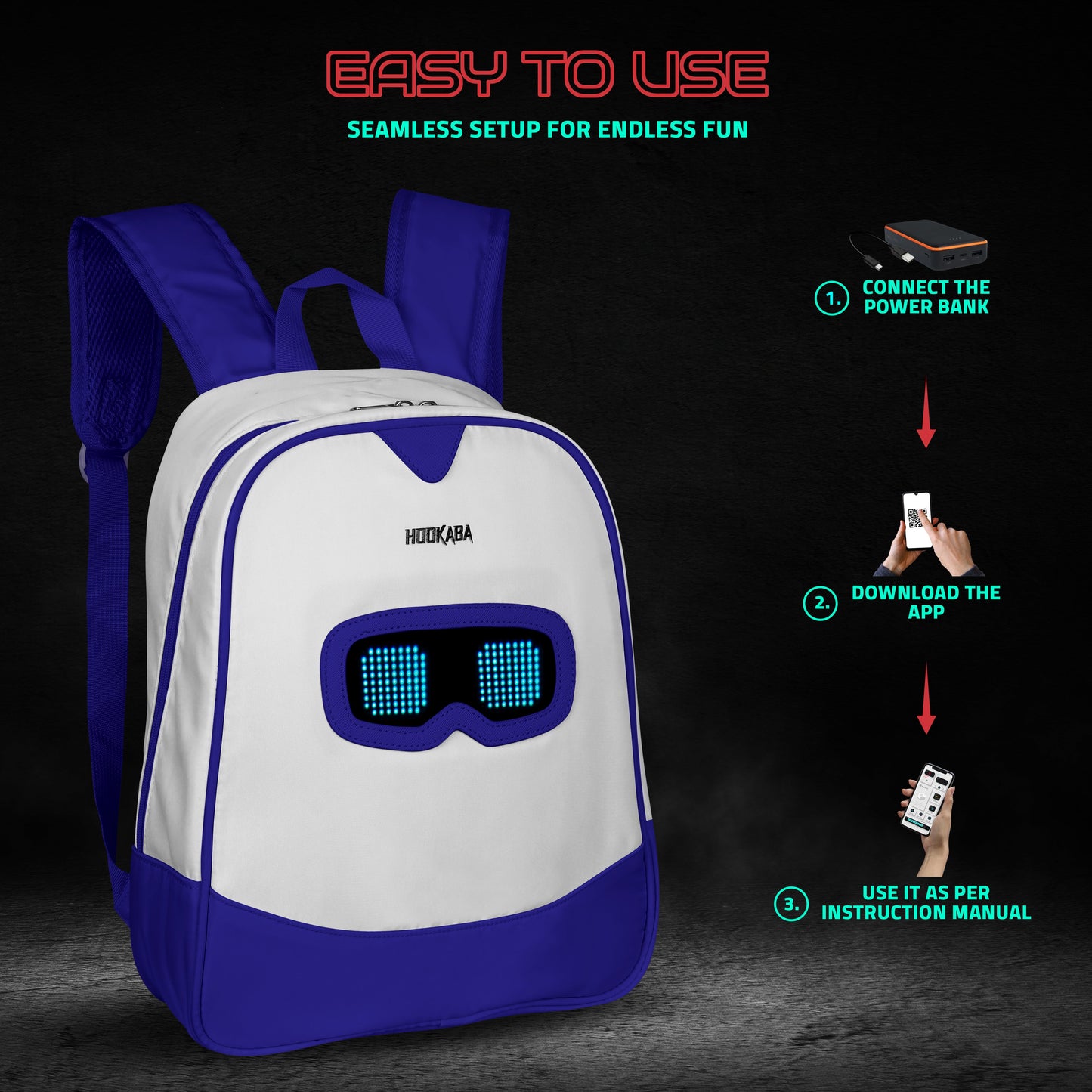 Hookaba Zyppie LED Backpack (Blue) | App-Controlled Light Up Bag (With Power Bank)