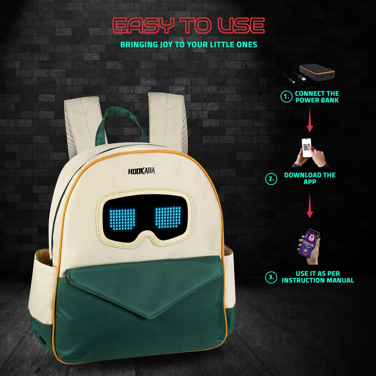 Hookaba Zyppie LED Backpack (Green) | App-Controlled Light Up Bag (With Power Bank)