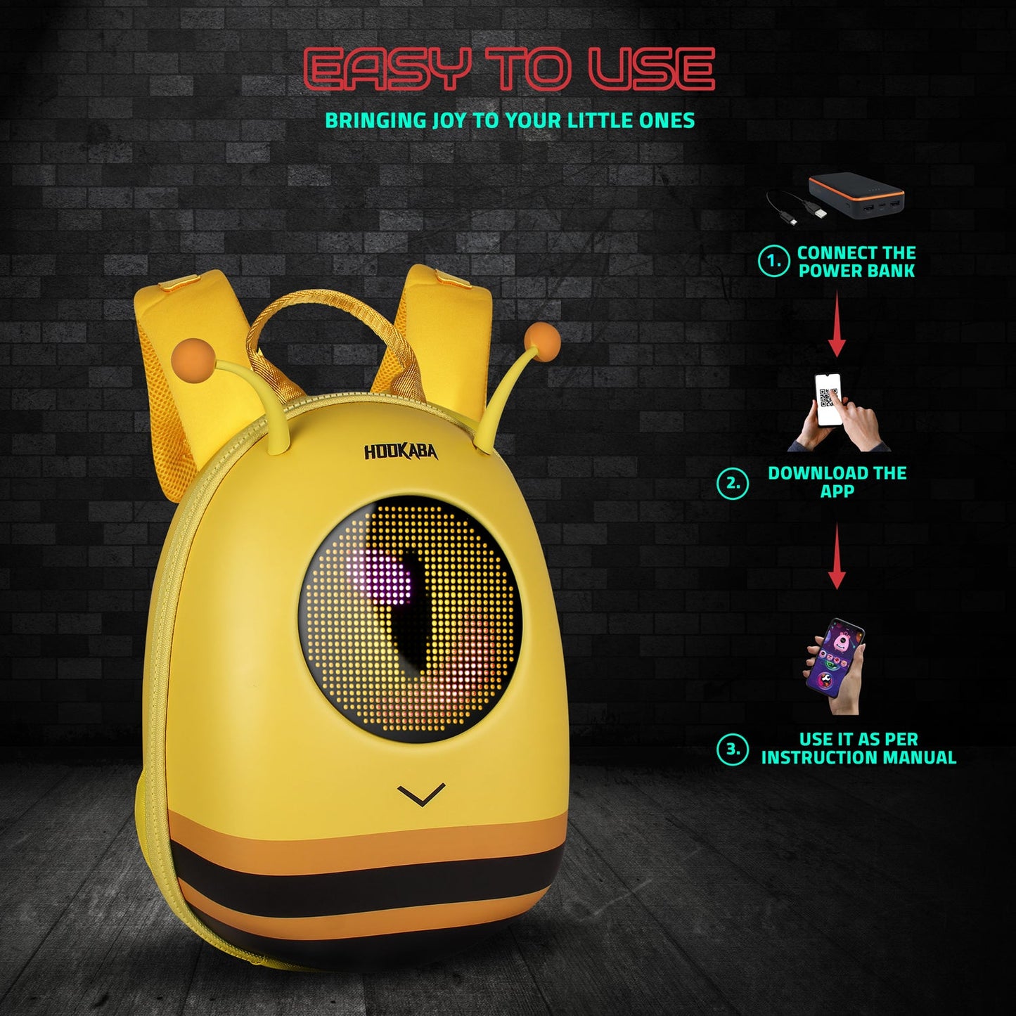 Hookaba GlowBuddy Bee LED Backpack | App-Controlled Light Up Bag (With Power Bank)