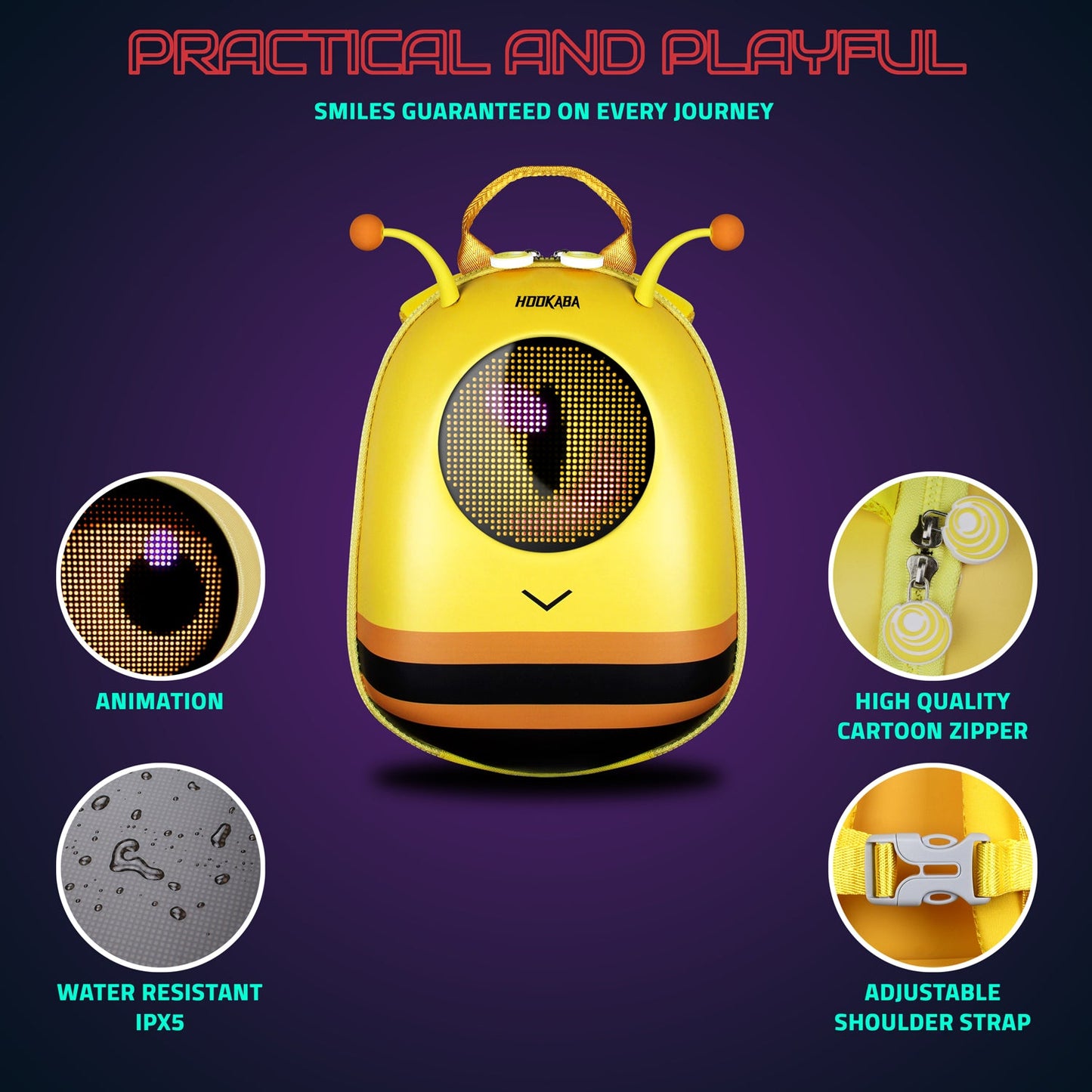 Hookaba GlowBuddy Bee LED Backpack | App-Controlled Light Up Bag (With Power Bank)
