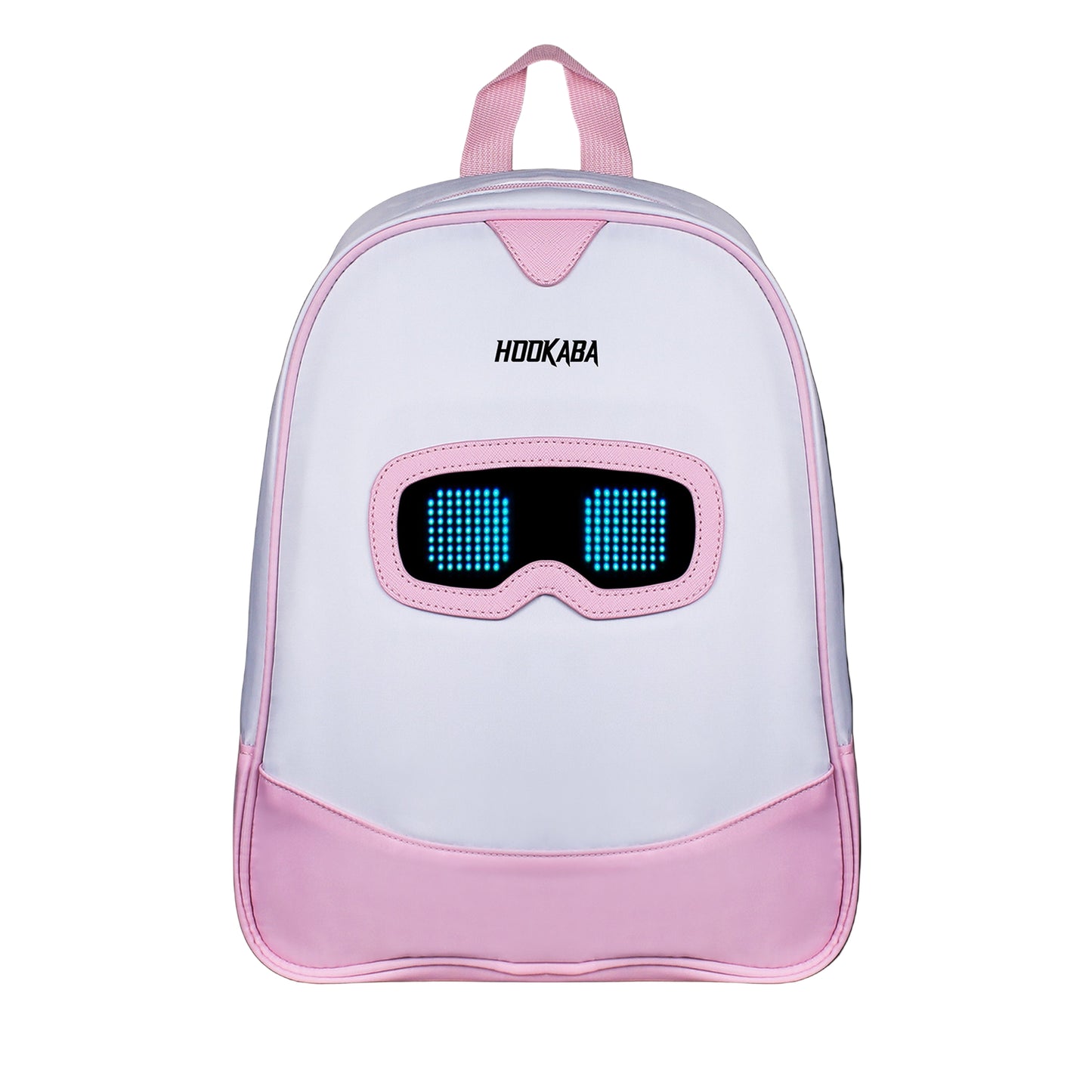 Backpack with a digital display and pink accents on a white background