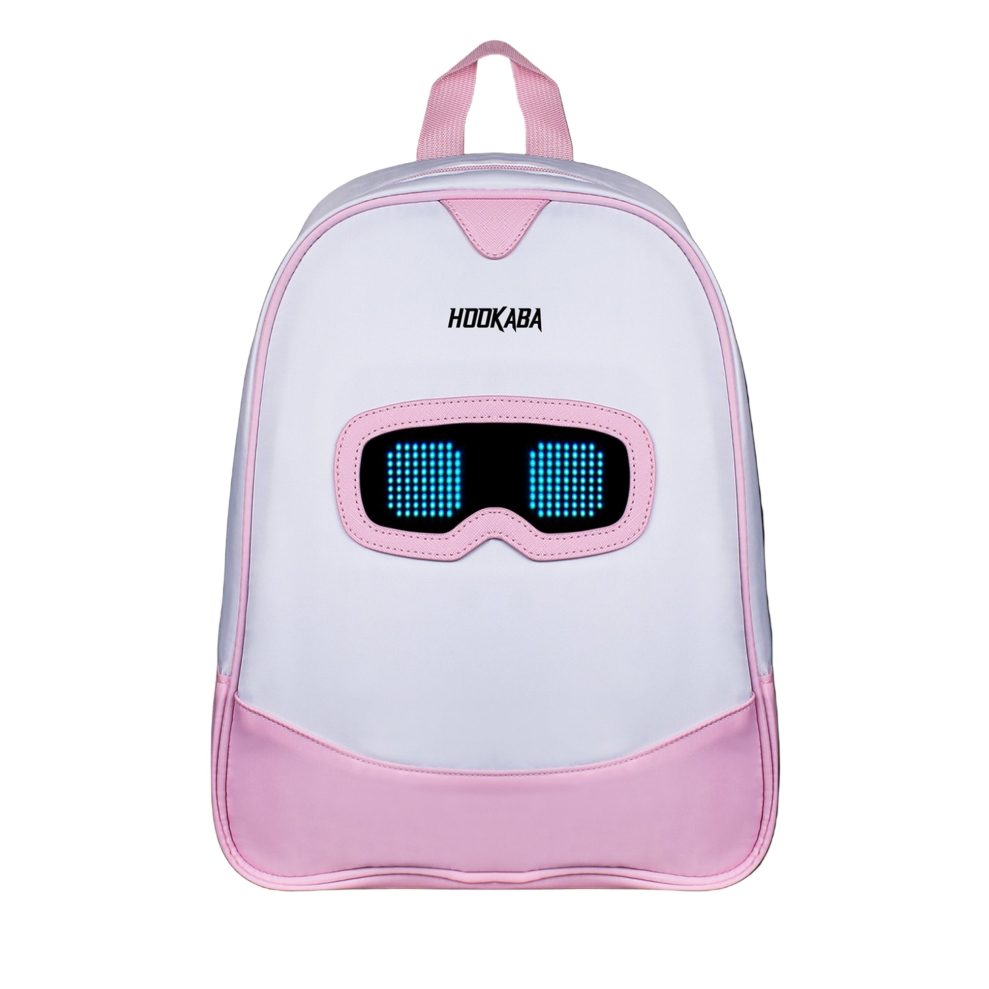 Backpack with a digital display and pink accents on a white background