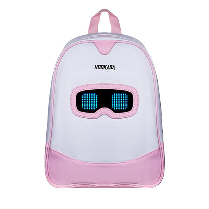Backpack with a digital display and pink accents on a white background