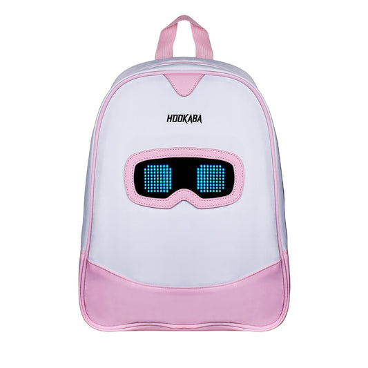 Backpack with a digital display and pink accents on a white background