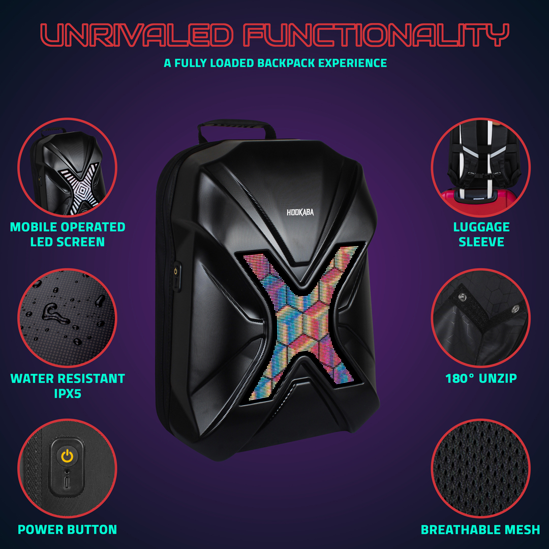 Hookaba Xross Rage LED Backpack – 28 L Expandable Smart Display Bag (With Power Bank)