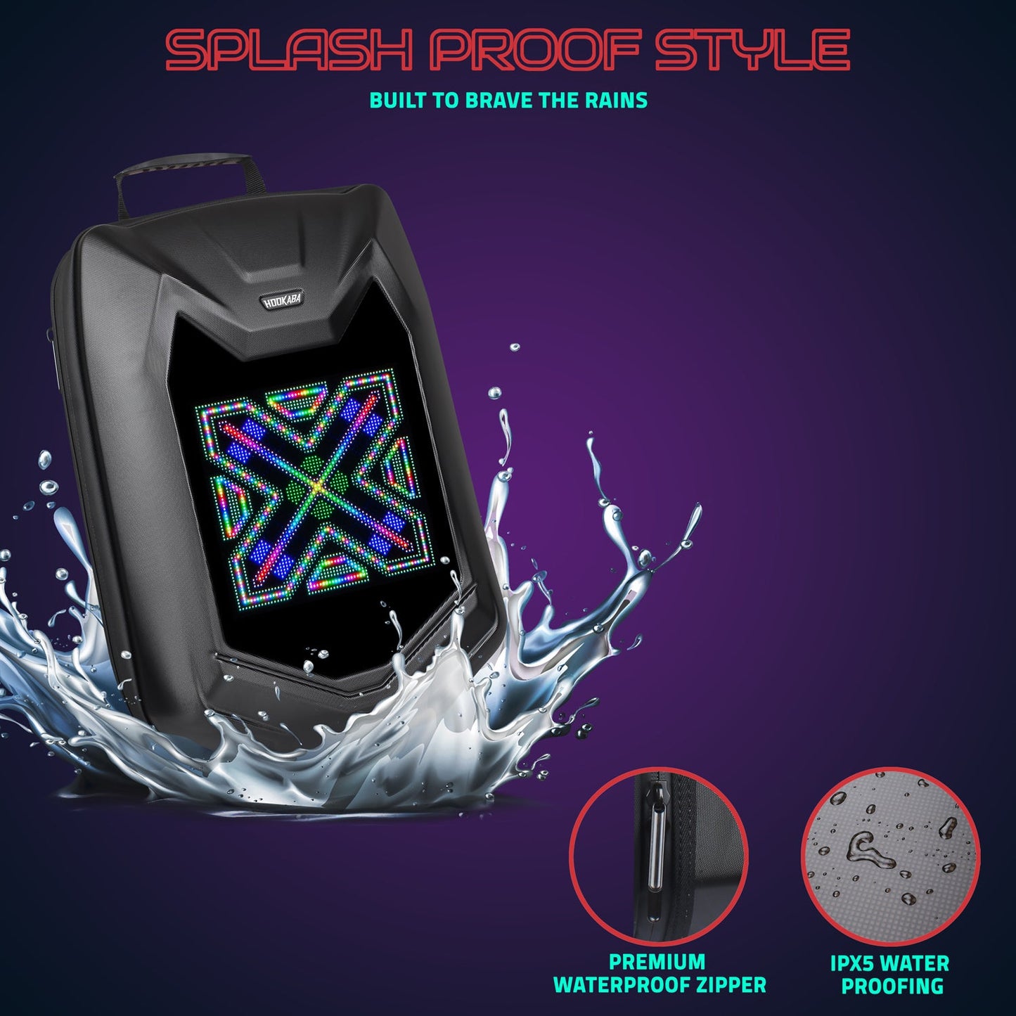 Hookaba Bat Grit LED Backpack | 27 L Smart App-Controlled Backpack with 64×64 Pixel Display (With Power Bank)