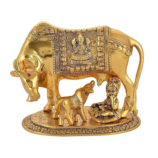 Oxidised Gold Finished Kamdhenu Cow & Calf Figurine Idol with Ladoo Gopal