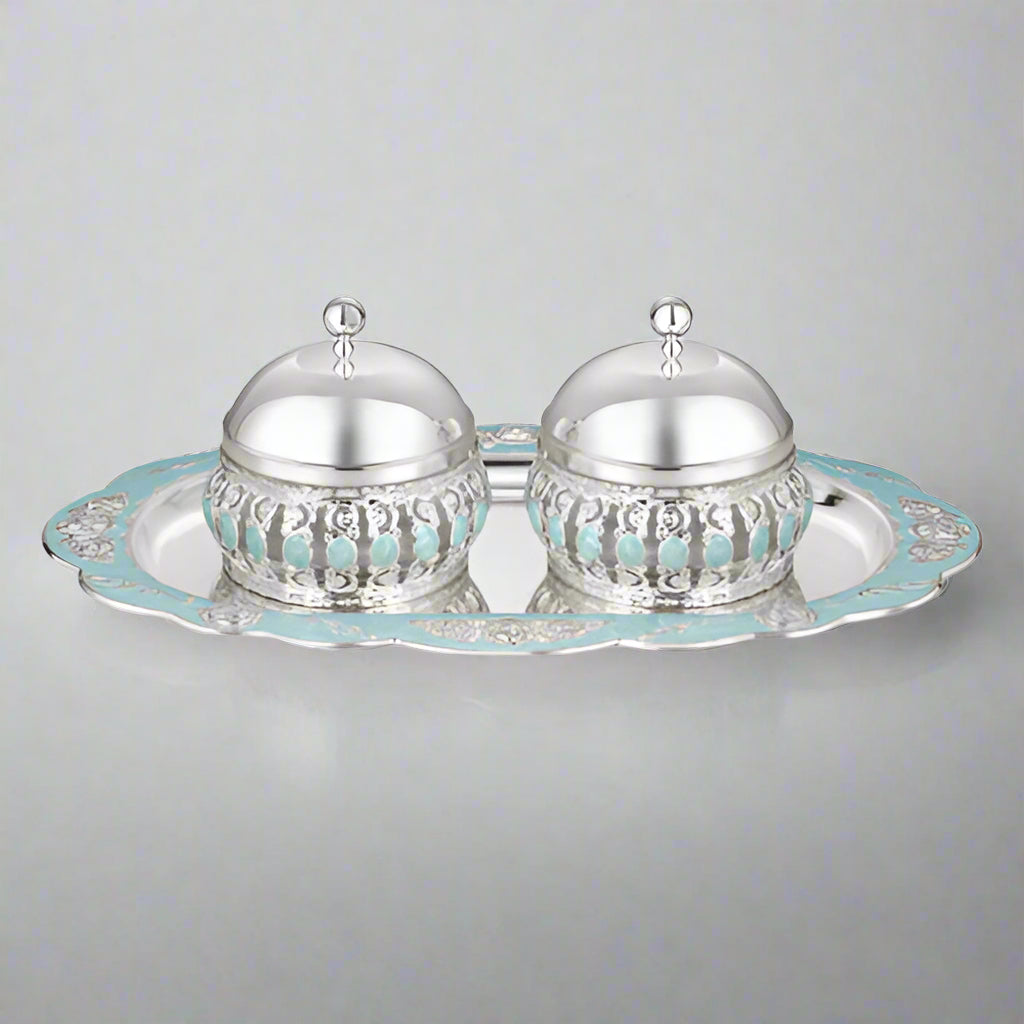Oval Tray With Set of 2 Enamel Candy Jars - Blue