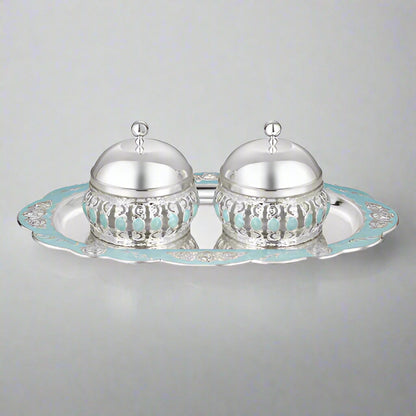 Oval Tray With Set of 2 Enamel Candy Jars - Blue