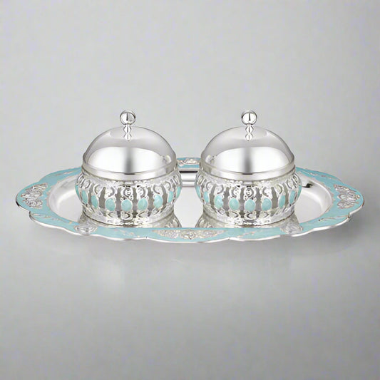 Oval Tray With Set of 2 Enamel Candy Jars - Blue