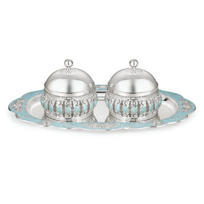 Oval Tray With Set of 2 Enamel Candy Jars - Blue