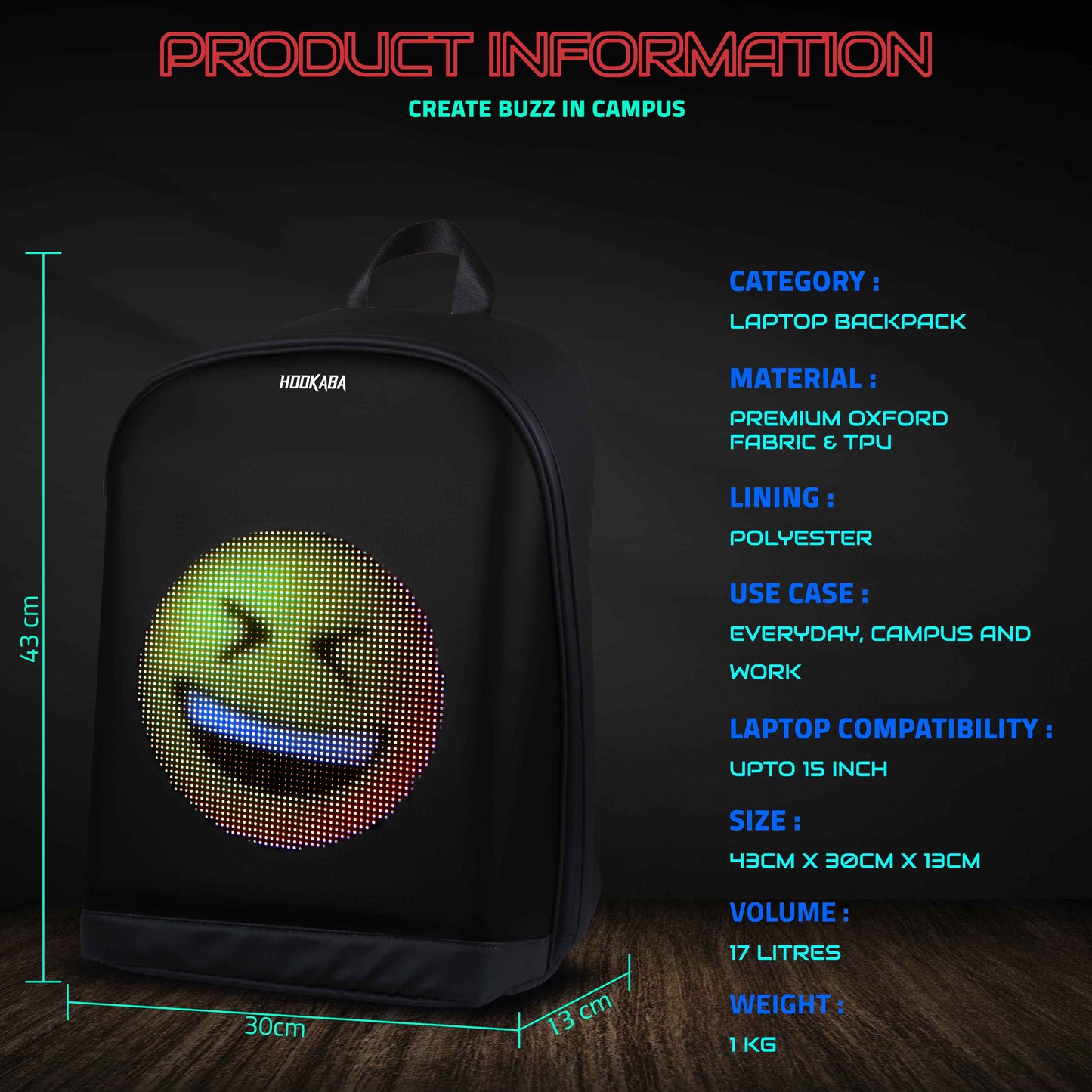 Hookaba Urban Buzz LED Backpack (Black) | 17 L Smart Display Bag (With Power Bank)