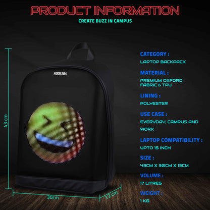 Hookaba Urban Buzz LED Backpack (Black) | 17 L Smart Display Bag (With Power Bank)