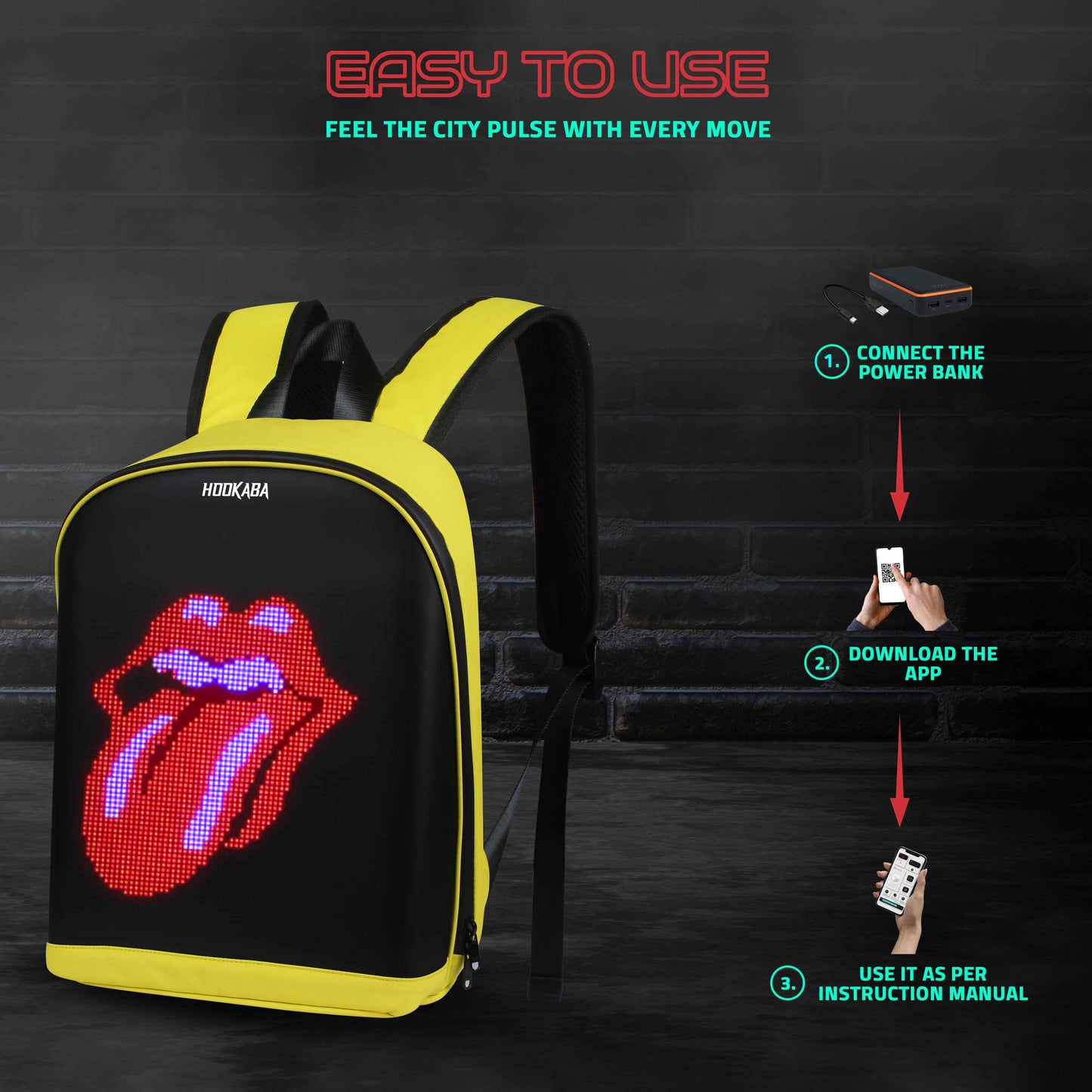 Hookaba Urban Buzz LED Backpack (Yellow) | 17 L Smart Display Bag (With Power Bank)