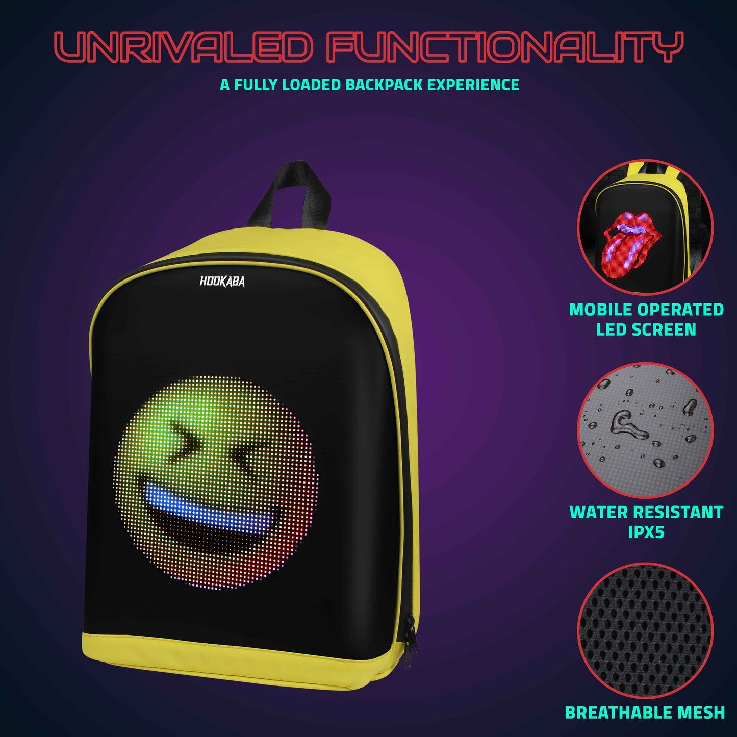 Hookaba Urban Buzz LED Backpack (Yellow) | 17 L Smart Display Bag (With Power Bank)