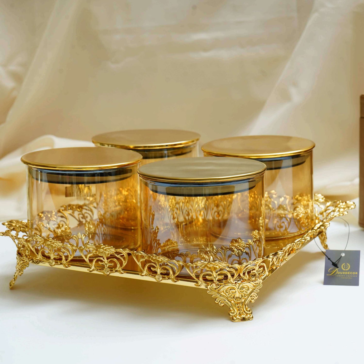 Aurelia Royale glass dry fruit jar set with gold tray luxury serving set UphaarOnline